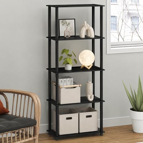 Furinno Turn-N-Tube Toolless Assembly 5-Tier Storage Shelves, Black Book Shelf, Open Storage Bookshelf, for Organization and Storage, Living Room, Home Office, Bedroom, Dark Americano - color: Dark Americano/Black