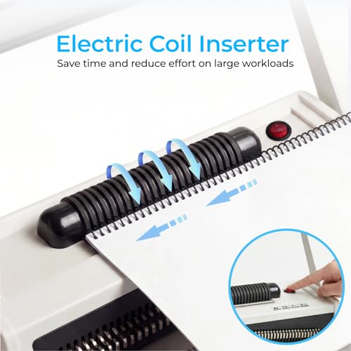 Spiral Binding Machine with Electric Coil Inserter, 20-Sheet Punch | 4:1 Pitch, 46 Fully Disengageable Pins, Binds up to 500 Sheets, 100 Coils, Crimping Pliers, Letter A4 A5 Legal