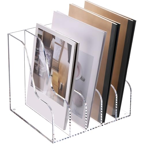 SANRUI Acrylic File Organizer, Compact Desk Organizer for Folders, Binders, Notebooks, Envelopes, Clear Magazine File Holder, 5 Section Bookshelf for School Home Office Organization, A4 - size: A4,5 Sections