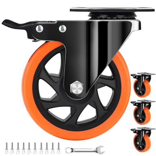 QNCZ 5 Inch Heavy Duty Caster Wheel with Dual Brake,Silent,Orange,Set of 4 | Easy to Install, Efficient operation, convenient braking,Silent, Floor friendly,Widely Applied for Cart,Furniture,Workbench - color: Orange, size: 5 IN