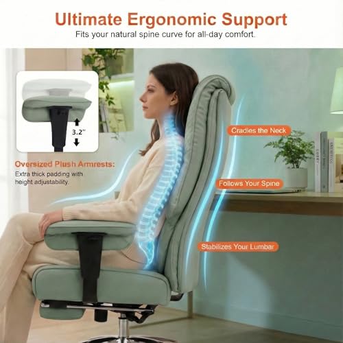 EXCEBET Big and Tall Office Chair 400lbs Wide Seat, Leather High Back Executive Office Chair with Foot Rest, Ergonomic Chairs Lumbar Support for Lower Back Pain Relief (Light Green) - color: Bright Green