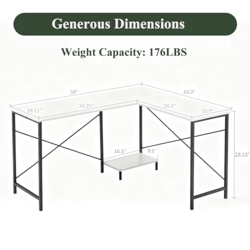 L Shaped Desk Computer Desk, 50inch White Gaming Desk with CPU Stand - color: Classic White