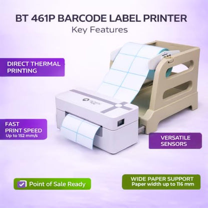Thermal Barcode Label Printer BT-461P, USB & Bluetooth Connectivity, 4.25 Inch Print Width, 203 DPI, 1D & 2D Codes, Compatible with Windows, Mac, Linux and Android