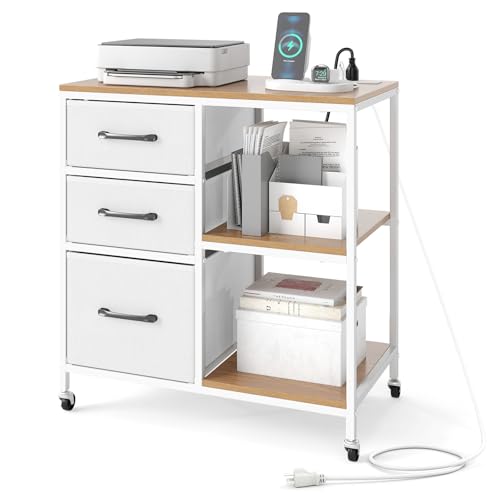 GOFLAME 3 Drawer Mobile File Cabinet with Charging Station, Rolling Printer Stand with Open Storage Shelves, Wooden Storage Cabinet on Wheels for Home Office (Natural and White) - color: Natural and White