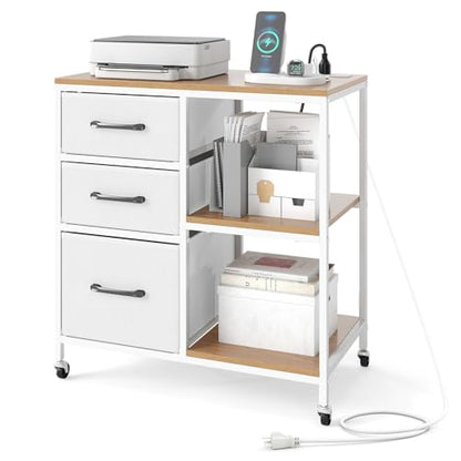 GOFLAME 3 Drawer Mobile File Cabinet with Charging Station, Rolling Printer Stand with Open Storage Shelves, Wooden Storage Cabinet on Wheels for Home Office (Natural and White) - color: Natural and White
