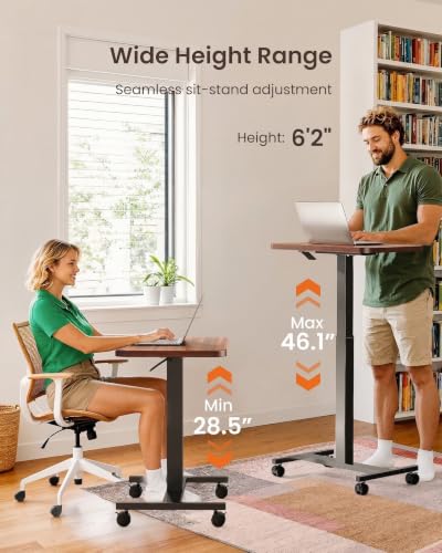 ErGear Mobile Small Standing Desk, Enhanced Adjustable Height Computer Workstations, Portable Rolling Laptop Desk with 4 Lockable Wheels for Home Office & Classroom, Deep Walnut