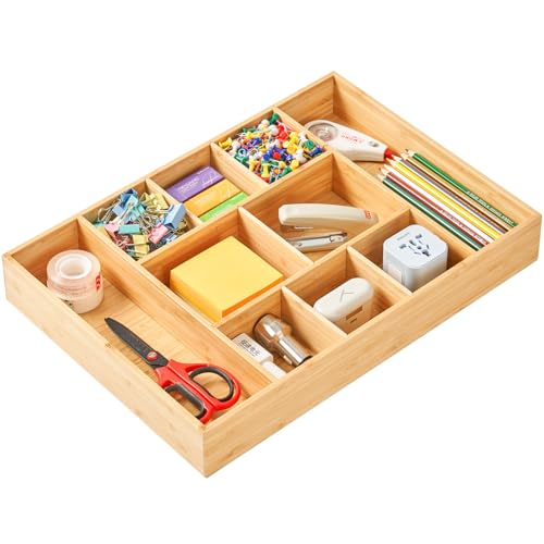 Umilife Extra Large Bamboo Desk Drawer Organizer, Wood Junk Organizer Tray with Adjustable Dividers, Anti-Skip Storage Organization in Office Bathroom Drawer for Vanity, Makeup, 17" x 12" - size: 17"x12"