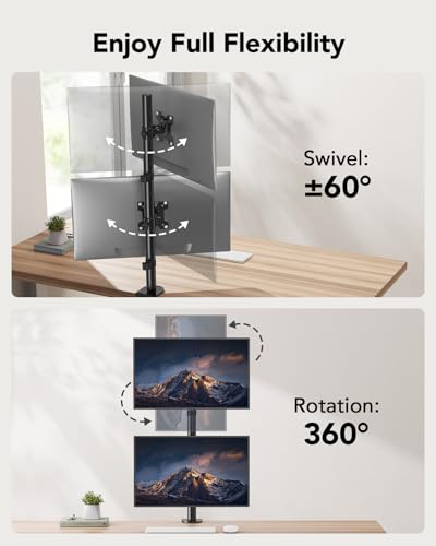 HUANUO Vertical Dual Monitor Mount, Stacked Monitor Stand for 2 Monitors with Height Adjustment Computer Monitor Arm Supports Two 17 to 32 Inch with C Clamp Each Desk Mount Hold up to 17.6lbs