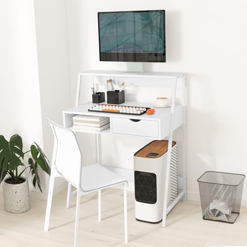 HOMCOM Home Office Desk with A Frame for Small Spaces, White | Computer Desk, Writing Table, with Drawer, Storage Shelves - color: White
