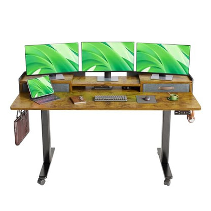 Claiks Standing Desk with Drawers & Wheels, 2 Height Shelf 63" Rustic Brown - color: Rustic Brown, size: 63×23.6