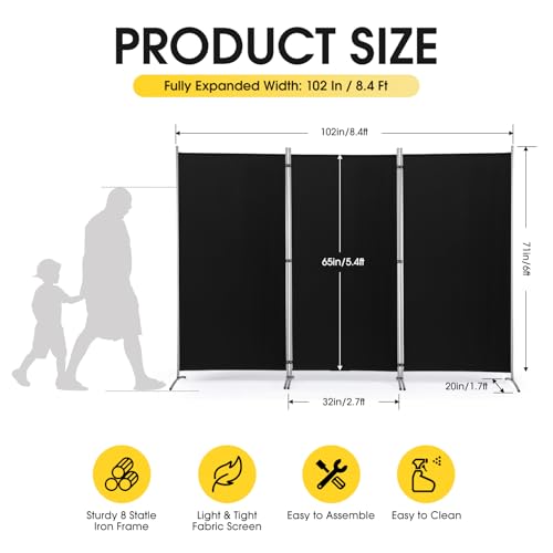 RANTILA 3 Panel Privacy Screen, 6 Ft Tall Folding Privacy Screen Room Dividers, Freestanding Room Partition Wall Dividers, 102''W x 20''D x 71''H, Black - color: Black, size: 34" - 3 Panel