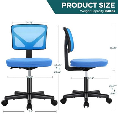 DUMOS Armless Desk Chairs, Small Home Office Mesh Chairs | Ergonomic Adjustable Mid Back, Swivel Rolling Task, Computer Work Vanity Small Spaces, Blue - color: Blue, size: 1pc