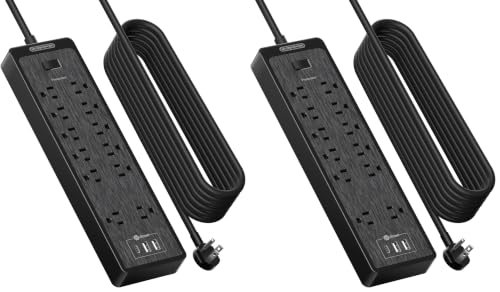 NTONPOWER 25 Ft Extension Cord Flat Plug, 12 Outlets(2 Widely Space) 3 USB with 2100J Power Strip, Overload Protection, 1875W/15A, Wall Mount for Home Office, Workbench or Garage,Black (Pack of 2) - color: Black, size: 25 FT-12 Outlets (Pack of 2)