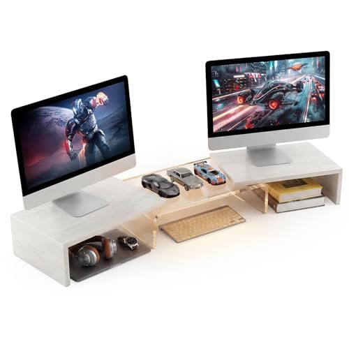 Dual Monitor Riser, Acrylic Monitor Riser with Keyboard Storage, Adjustable Angle & Length Computer Monitor Stand, Wide Desk Shelf for Top of Desk for Home Office_White Maple Look - color: White Maple, size: 38 in - Keyboard Storage