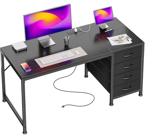 47.2Inch Computer Office Desk with Power Outelts and USB-C Port, Reversible Gaming Desk with 4 Fabric Drawers, Work Study Desk Work from Home, Black - color: Black, size: 47 inch