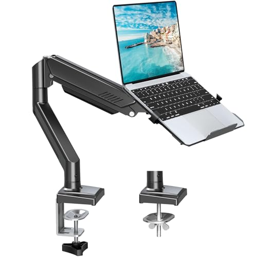 MOUNTUP Laptop Stand for Desk, 2-in-1 Monitor Mount with Laptop Tray Holds 2.2-22lbs, Adjustable Laptops Arm Mount for Max 17" Notebook & 32" Monitor, Laptops Desk Arm with Clamp/Grommet - size: Single, style: Without Pole