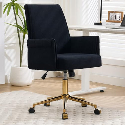 YITAI Stripes Velvet 360°Swivel Desk Chair, Modern Height Adjustable Home Office Armchair with Gold Base and Wheels for Vanity, Comfy Computer Chair for Study Living Room Bedroom（Black） - color: Black
