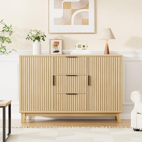47.2" W Storage Cabinet with 3 Drawers, Fluted Buffet Cabinet with Storage | Large Sideboard with 2 Doors, Modern Mid Century TV Stand Coffee Bar Cabinets for Living Room, Kitchen, Entryway, Natural - color: Natural, size: 3 Drawers - 15.7"D x 47.2"W x 31