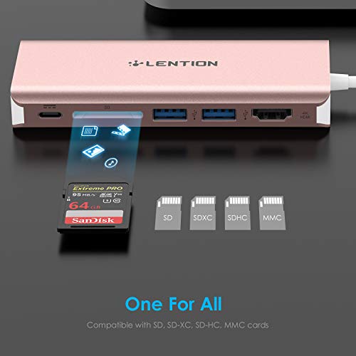 LENTION 6-in-1 USB-C Hub, 2 USB3.0, 4K@30Hz, Ethernet, Card Reader, 100W PD | Ideal for Work & Study, Stable Driver 3.0 Certified, Compatible with macOS, iOS/iPadOS, Windows & ChromeOS (C68, Rose Gold)