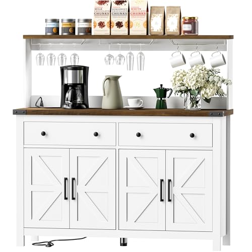VVFLU Hutch Storage Cabinet Buffet with Drawers, and Charging Station, Coffee Bar Cabinet with Barn Doors, Wine Rack and Hooks, Countertop, Long Farmhouse, White, for Kitchen, Dining Room, 54.1" High - color: White/Wood, size: 15.7"D x 55.1"W x 54.1"H