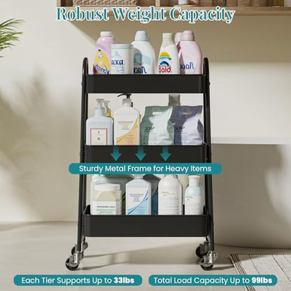 OLIXIS Metal 3 Tiers Rolling Storage Utility Cart with Lockable Wheels - color: Black, size: 3-Tiered 17 inches