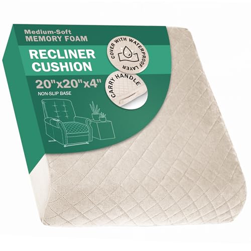 Medium-Soft 20x20x4 Memory Foam Recliner Chair Seat Cushion for Long Sitting - Armchair Pad with Washable Velvety Cover with Waterproof Layer & Non-Slip Base for Seniors & Elderly - Beige - color: Beige, size: 20x20x4"
