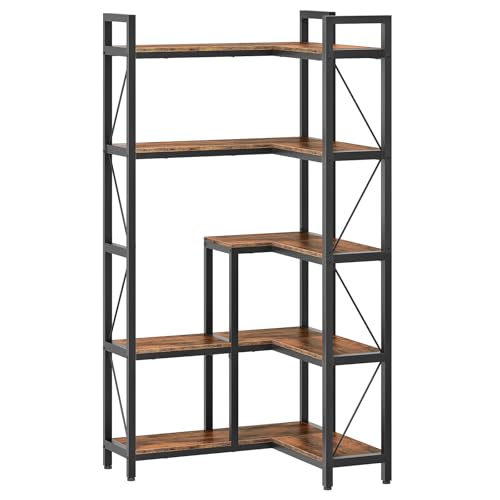 Corner Bookshelf, 5-Tier L-Shaped Bookcase, Corner Shelf with Metal Frame, Industrial Tall Display Shelf, for Living Room, Home Office, Bedroom, Rustic Brown TSJ12BF