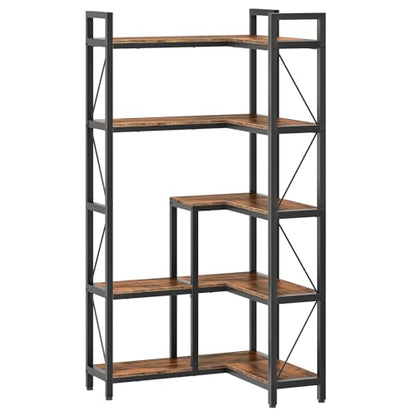 Corner Bookshelf, 5-Tier L-Shaped Bookcase, Corner Shelf with Metal Frame, Industrial Tall Display Shelf, for Living Room, Home Office, Bedroom, Rustic Brown TSJ12BF