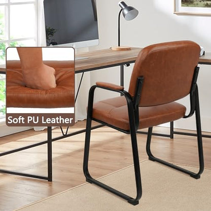CLATINA Waiting Reception Chairs No Wheel, Leather Guest Chair with Padded Arms, Modern Brown Office Desk Chairs with Sled Base for Office Meeting Conference Room Lobby Home Living Room (2 Pack) - color: Brown-sled Base, size: 2pack