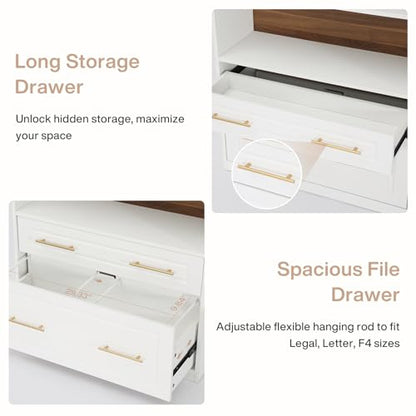 Tribesigns 76.8" Tall Arched 5-Tier Bookcase with File Cabinet Drawer - color: White
