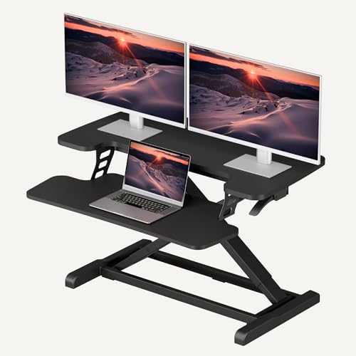 SANODESK 32" Height Adjustable Standing Desk Converter, Desk Riser Sit Stand Workstation for Home Office Laptop & Dual Monitor Setup, Ergonomic Lift Platform, Black - color: Black, size: 32"