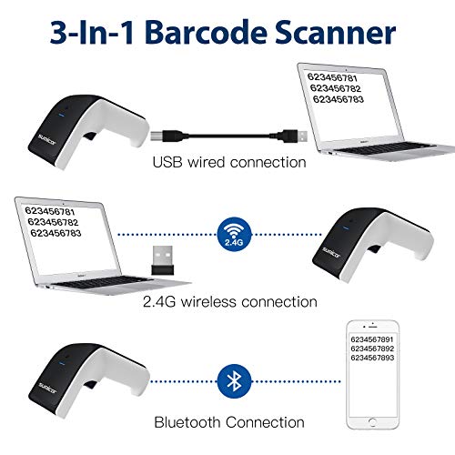 Sumicor 2D Barcode Scanner, White Black Handheld Bar Code Scanner 3 in 1 USB Wired & 2.4G Wireless & Bluetooth QR Code Micro PDF417 1D Barcode Scanner with Vibration