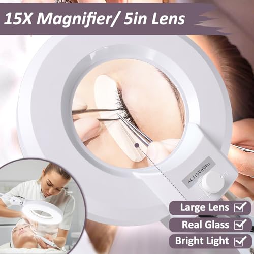 Veemagni Super Bright 2,200 Lumens, 15X Magnifying Glass with Light and Stand, Floor Lamp with 5-Wheel Rolling Base for Facials Lash Estheticians, LED Lighted Magnifier for Eyelash Extensions Reading