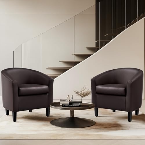 Topeakmart Faux Leather Accent Chair Set of 2, 300 lb Cap, Espresso | Set of 2 PU Leather Barrel Chairs, U-shaped Backrest, Foam Seat, 18" Seat Height, Solid Wood Legs - color: Espresso, size: Set of 2