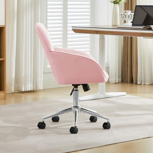 YITAI Velvet Office Desk Armchairs with Silver Base and Wheels,Modern Height Adjustable 360 Degree Swivel Upholstered Vanity Chairs for Living/Room Bedroom/Study,Pink - color: Silver Pink