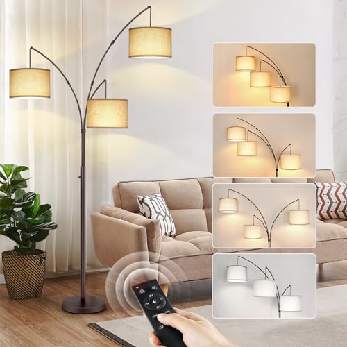 OUTON Floor Lamp with Remote Control, Modern Bright Lamps for Living Room, Adjustable 3-Light Tall Arched Lamp for Bedroom, Office, 2400lm Mid Century Design with Hanging Shade - color: Brown+Beige Remote Control