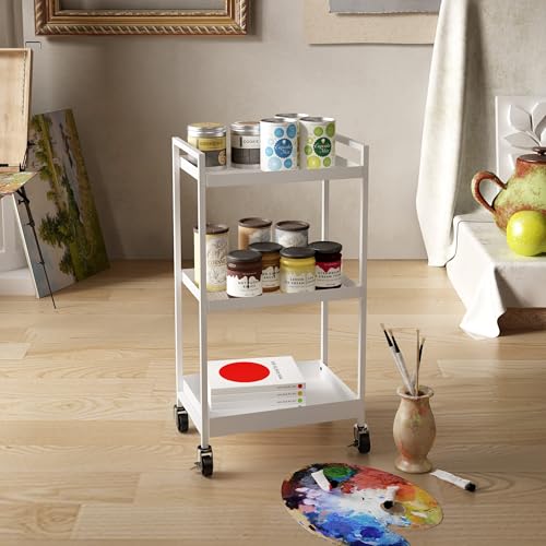 3-Tier Metal Utility Rolling Cart, Rectangular Cart with Lockable Casters, Kitchen Storage Carts Suitable for Office, Bathroom, Kitchen - White(12.1" D x 17.7" W x 31.2" H) - color: White