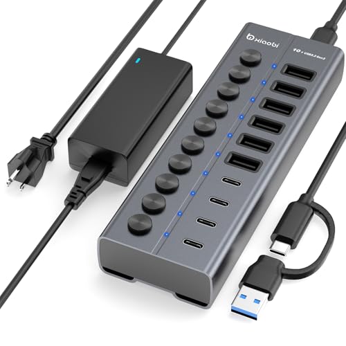 Powered USB Hub, 10-Port USB C Hub with 6 USB-A 3.2, 4 USB-C 3.2 Ports - color: Gery