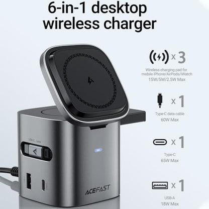 ACEFAST 6-in-1 80W Foldable GaN Wireless Fast Charging Station for iPhone 17/16/15 Series, Desktop Magnetic Wireless Charger Dock Station with USB C Rretractable Cable for AirPods 2/3/4/Pro 2/Pro 3