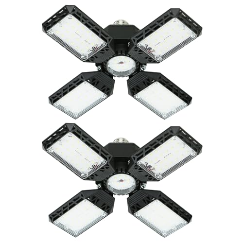 2-Pack LED Garage Light,150W Deformable Garage Ceiling Lights,15000LM, 4 Adjustable Panels, E26/E27 Shop Lights for Basement, Barn, Workshop,High Bay Light - size: 4+1P 2Pack/F