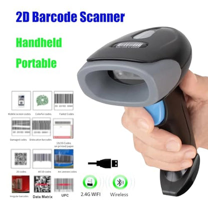 2D Wireless Bluetooth Barcode Scanner with 2000mAh Battery | QR Code Reade Handheld 1D 2D Bar Codes Reader Rechargeable Inventory Scanner for Supermarket, Warehouse, Retail