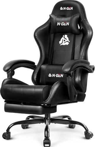 N-GEN GAMING Gaming Chair with Footrest, Lumbar Support, High-Back, Black | Reclining Backrest, Linkage Armrests, Durable PU Leather, Adjustable Comfort for Extended Computer, Desk, or Home Office Use - color: Black