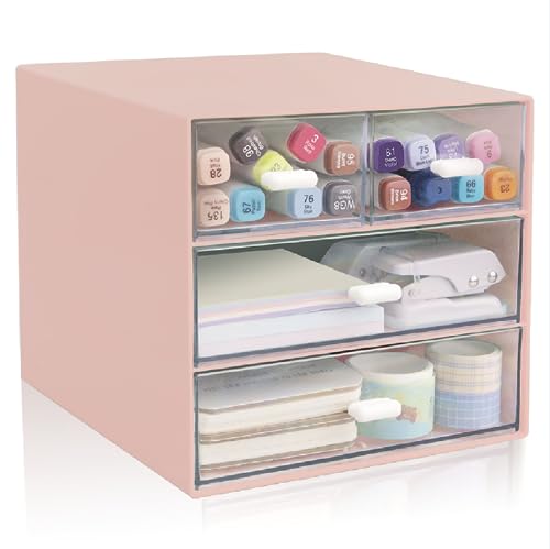 Desk Organizer with Drawer, Office Organizer with 4 Drawers, Desk Storage Box for, Desktop, Dressing table, Office, School, Home, Plastic Box and 4 Acrylic Drawers(Pink) - color: Pink