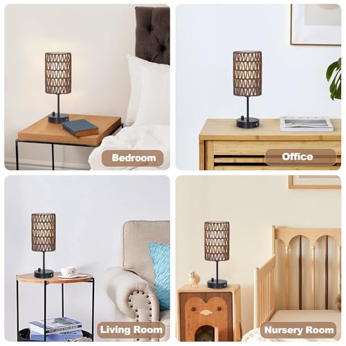 Bedside Lamps Set of 2, Touch Control Night Stand Lamp for Bedroom with Rattan & Linen Shade & Bulbs, 3 Way Dimmable Small Boho Table Lamps with USB Charging Port & Phone Stand (Coffee Color) - color: Coffee-2pack