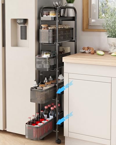 UMDONX 5-Tier Narrow Mobile Storage Cart with Pull-Out Baskets - color: Black, size: 5 Tier