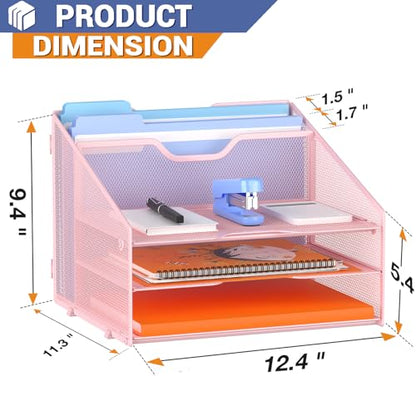 GAWERK Letter Tray Organizer, Mesh Desk File Organizer with 3 Paper Trays and 2 Vertical Upright Section (Pink) - color: Pink