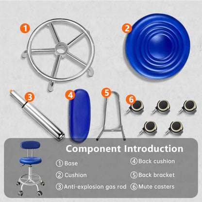 Rolling Stool with Backrest, Adjustable 360° Swivel Task Stool - color: Blue