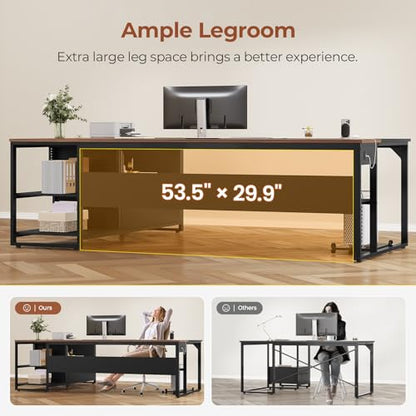 UPOSOJA 71" Executive Desk, L Shaped Office Desk with Widen File Drawers - color: Walnut, size: Widen Drawer