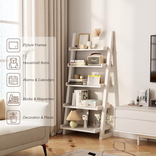 AQIMUELE White Wooden Ladder Shelf with Edges, 5-Tier Modern Leaning Bookshelf Ladder – Stylish Space-Saving Bookcase for Living Room, Bedroom & Home Office - color: White, size: 5-Tier