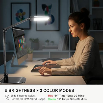 NS LED Desk Lamp with Clamp, Flicker-Free Dimmable Table Light with 3 Color Modes, Memory & Timer Function, Adjustable Swing Arm Clip-On Lamp for Home Office, Reading, Study.Batteries not Included.